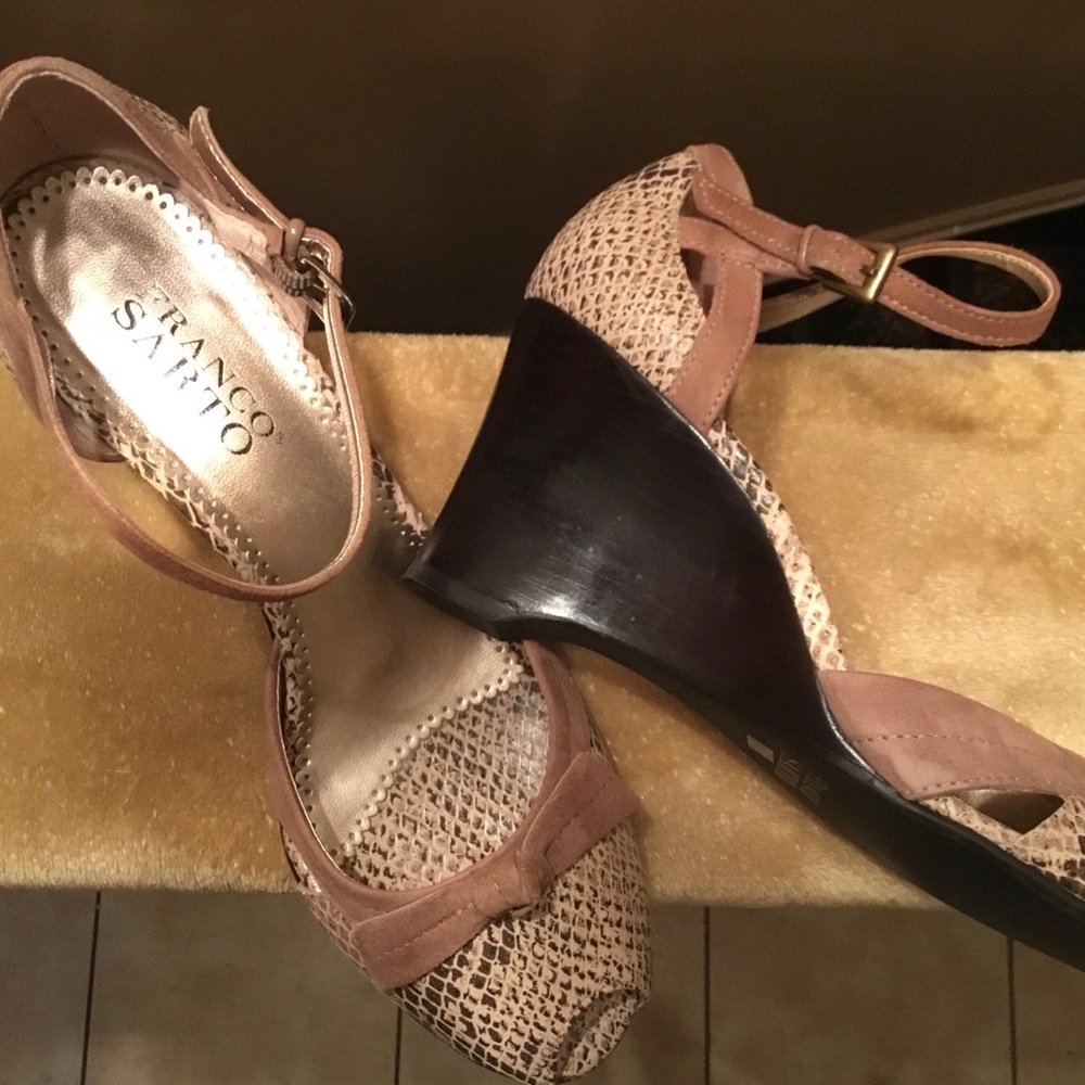 Designer Franco Sarto Snakeskin, Suede Accents and Brown Wedge Heels